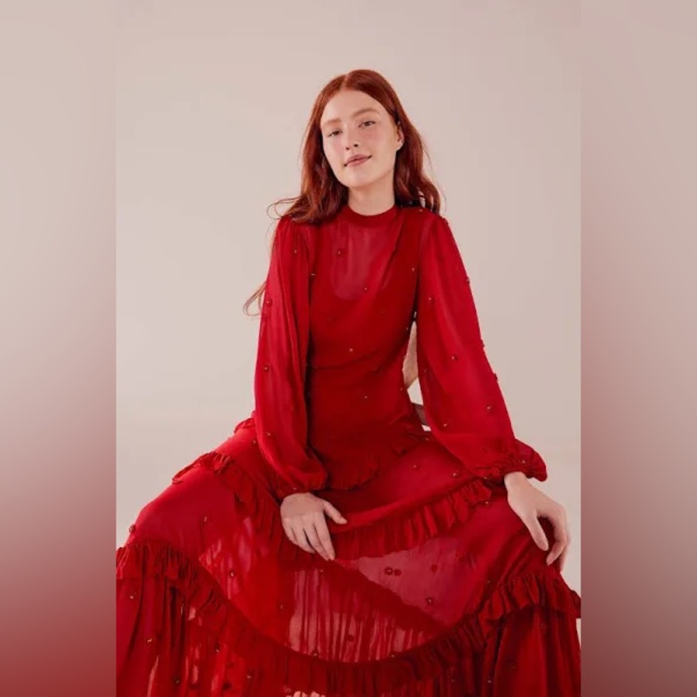 Farm Rio Red Ruffle Long Sleeve Maxi Dress - Picture 2 of 7